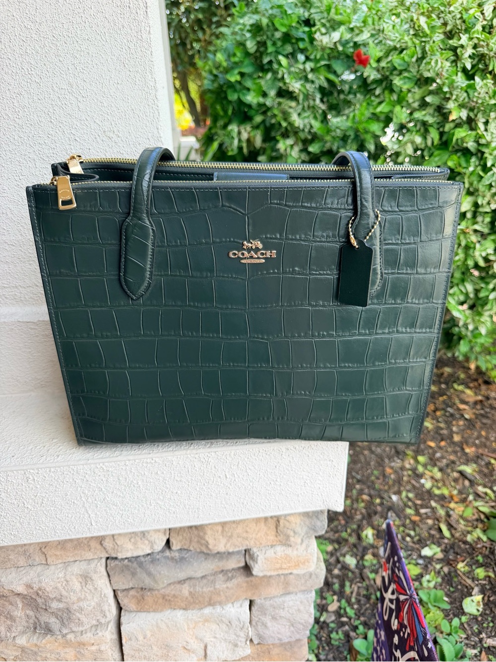 Coach Nina Dark Green Croc Embossed Leather Tote Bag Gold Hardware